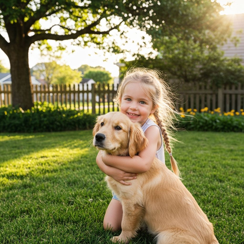Girl with puppy in yard